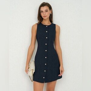 Navy Button A-Line Mini Dress